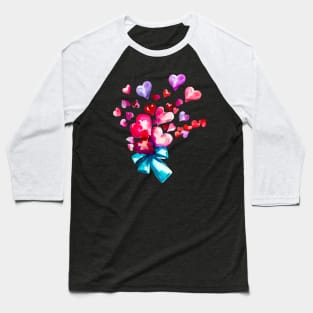 Pink and red falling Valentines hearts with blue ribbon, watercolor hearts Baseball T-Shirt